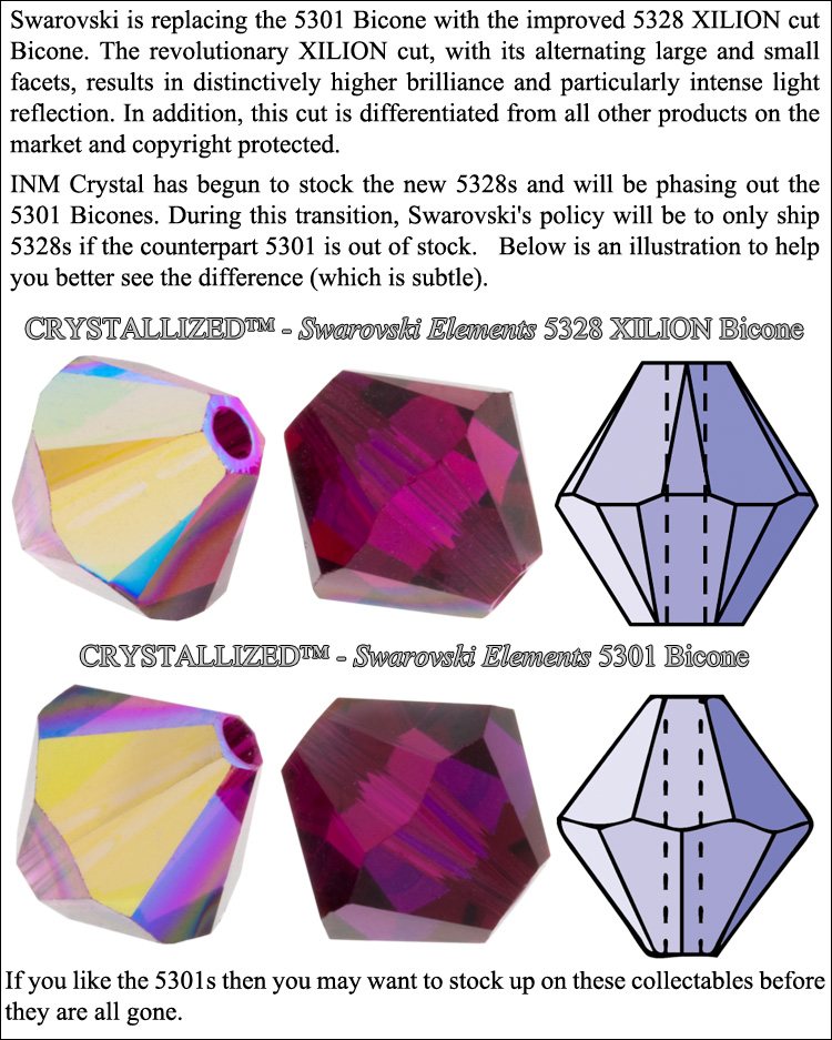 Swarovski is replacing the 5301 Bicone with the improved 5328 XILION cut Bicone. The revolutionary XILION cut, with its alternating large and small facets, results in distinctively higher brilliance and particularly intense light reflection. In addition, this cut is differentiated from all other products on the market and copyright protected. INM Crystal has begun to stock the new 5328s and will be phasing out the 5301 Bicones. During this transition, Swarovski's policy will be to only ship 5328s if the counterpart 5301 is out of stock. Below is an illustration to help you better see the difference (which is subtle).